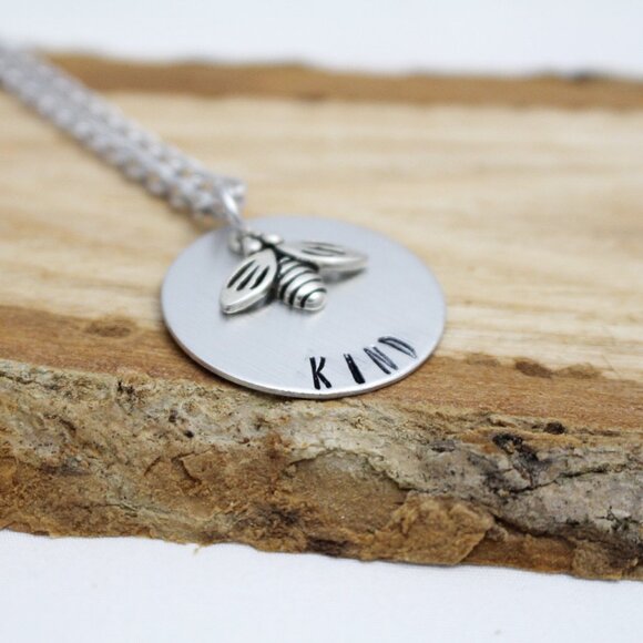 Bee Kind - Hand Stamped Bee Necklace - 18" Chain - Handmade & Hypoallergenic - Picture 3 of 6